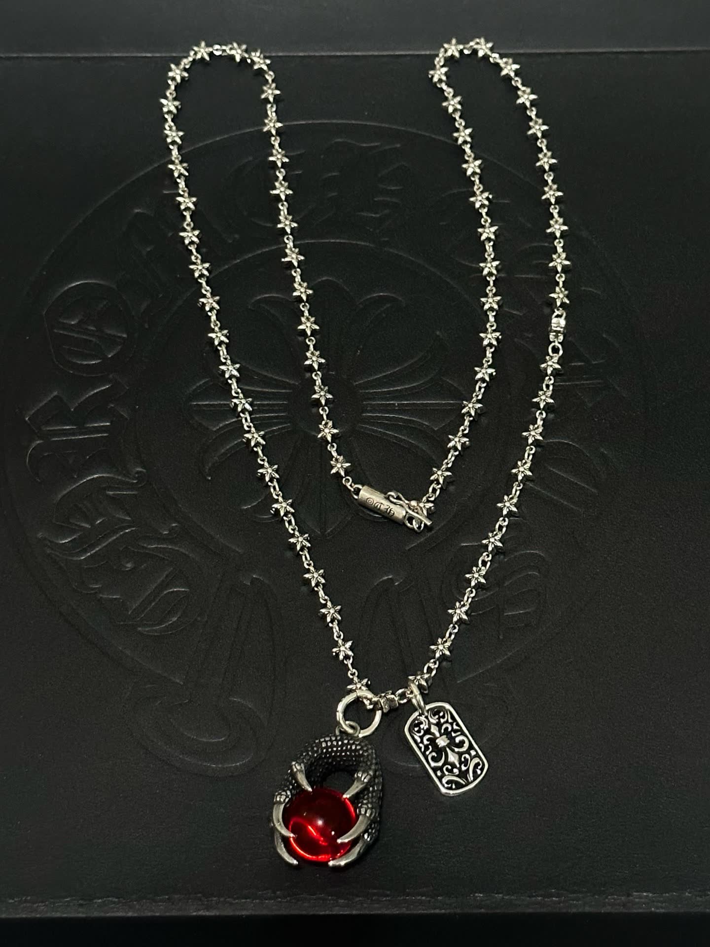Chrome Hearts Silver Dragon Claw Red Crystal Necklace